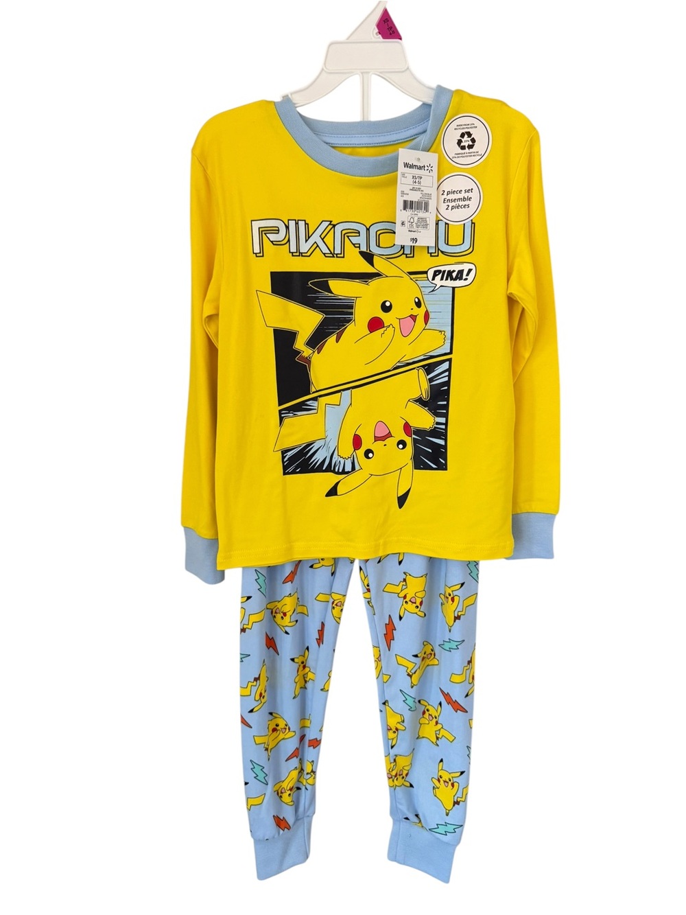 Pokemon Pikachu Yellow Top with Light Blue Printed Pants Pajama Set 4/5 years xs